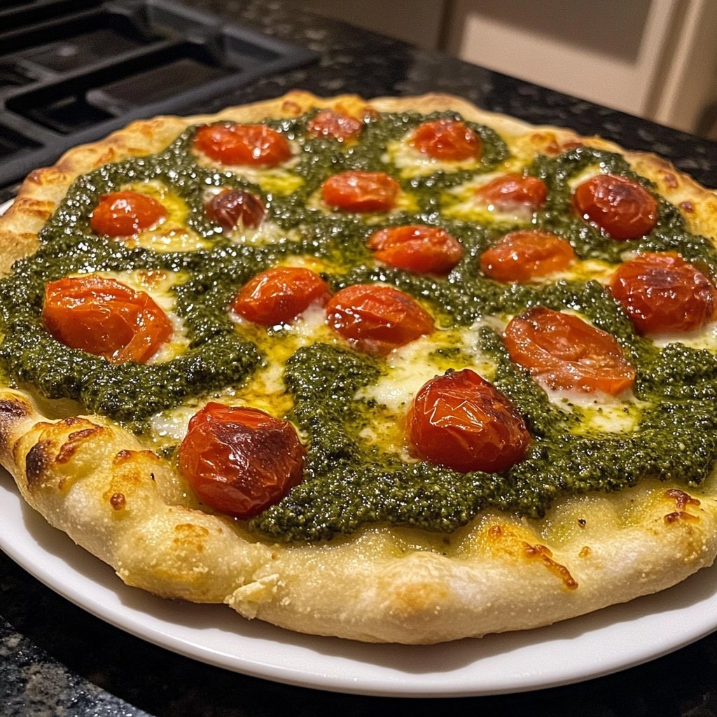 Pizza mit Pesto und Kirschtomaten