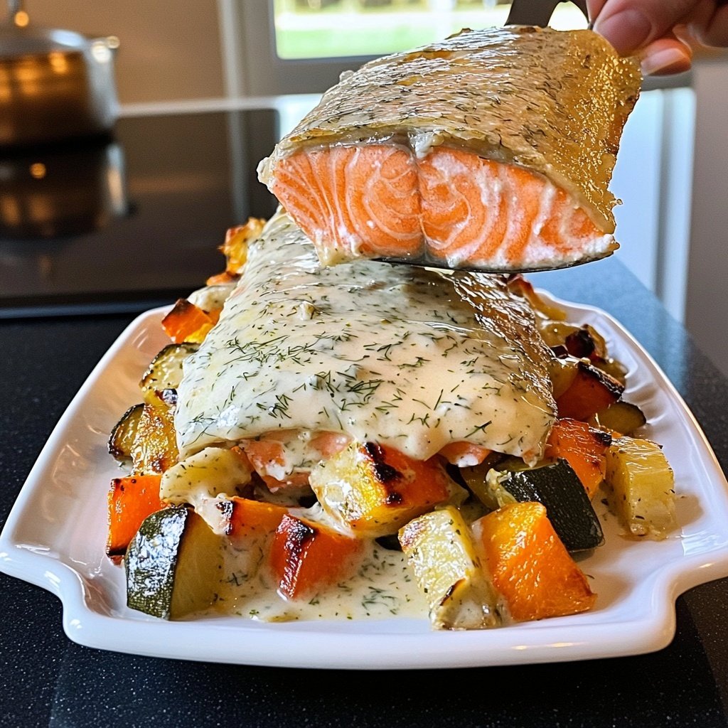 Lachs mit Ofengemüse & Zitronen-Dill-Sauce